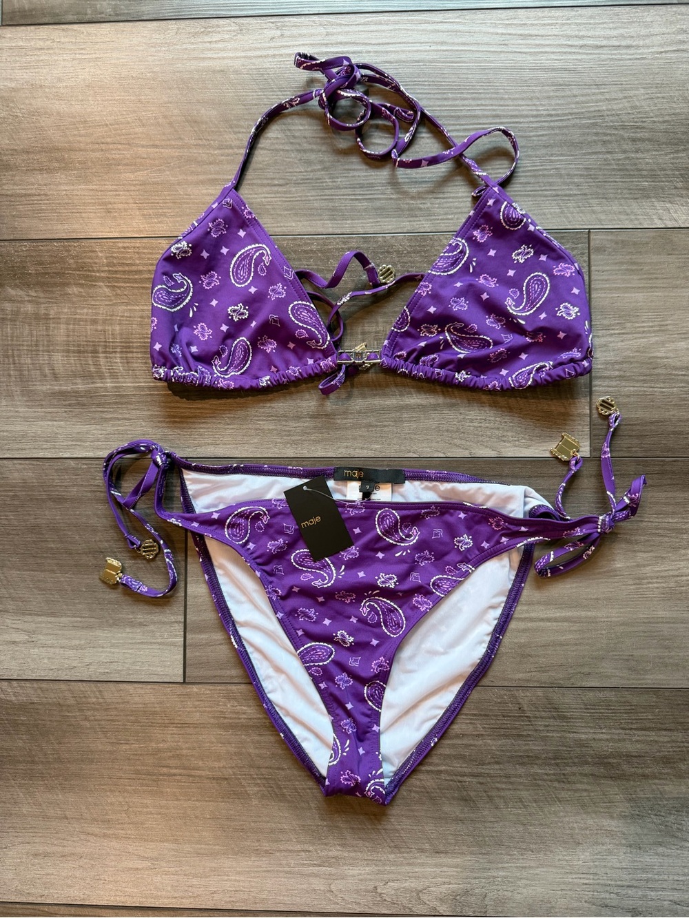 Maje Purple Paisley Triangle Tie Bikini 3 large - Picture 3 of 5